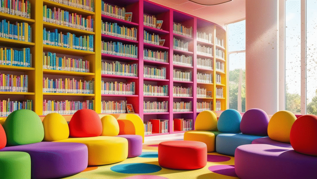 library interior with books on shelves. The library is colourful and there are colourful and cozy poufs.
